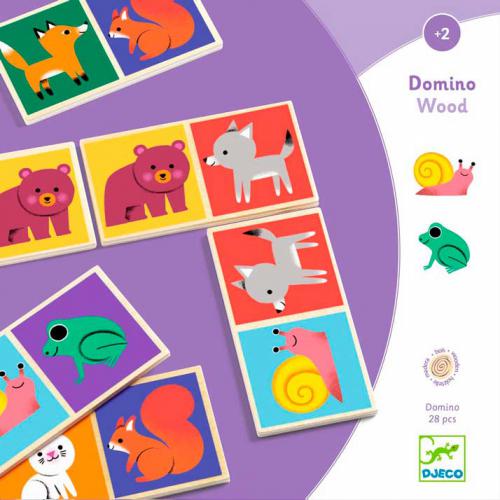 Dominó de madeira Djeco com ilustrações vibrantes de animais da floresta, como raposas, ursos e caracóis, sobre fundo roxo.