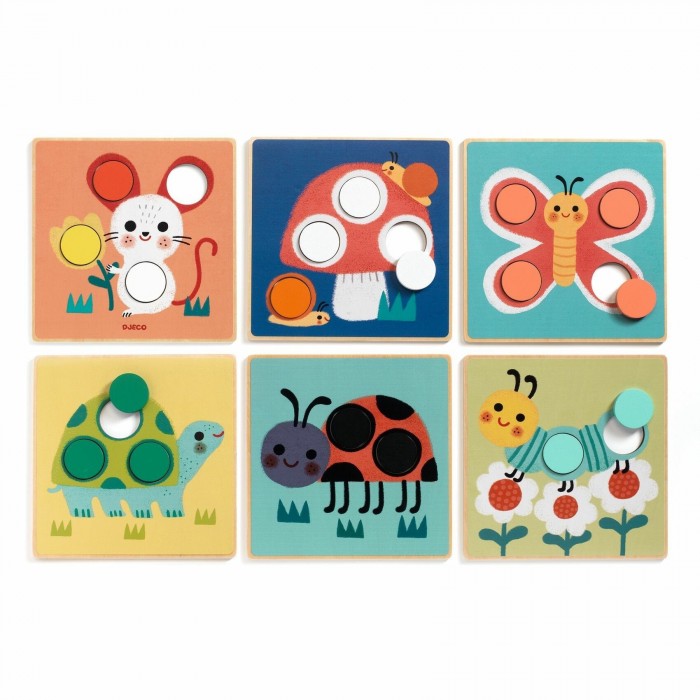 Vista superior de seis tabuleiros do Djeco Jogo de Encaixe Spotimage, cada um com um design diferente de animais e objetos.