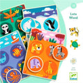 Jogo de loto de madeira Djeco com tema de animais do mundo, mostrando tabuleiros e peças com ilustrações coloridas.