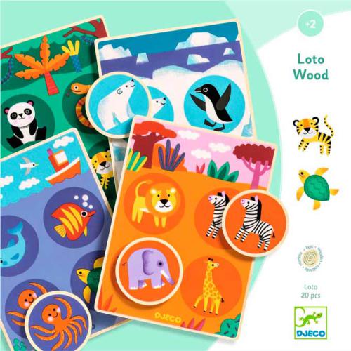 Jogo de loto de madeira Djeco com tema de animais do mundo, mostrando tabuleiros e peças com ilustrações coloridas.