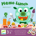Imagem da caixa do jogo Memo Lunch da Djeco, mostrando o monstro Bob e os objetos que ele come, com a indicação da idade recomendada (3-6 anos).