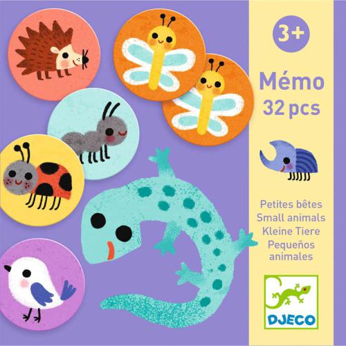 Jogo de memória Djeco Pequenos Animais com peças ilustradas de animais como ouriço, libélula, formiga e escaravelho.