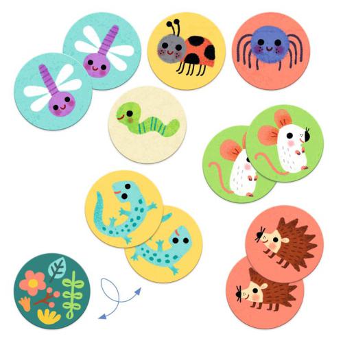 Peças do jogo de memória Djeco Pequenos Animais mostrando pares de animais como libélulas, joaninhas, aranhas e ratos.