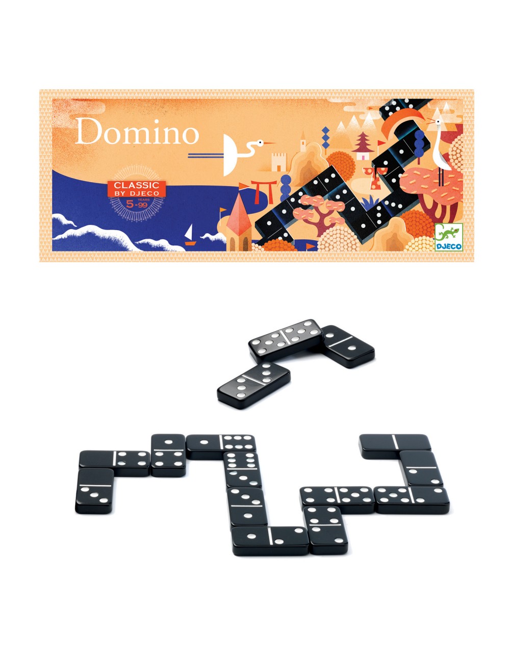 Caixa do Djeco jogo Dominó Clássico, mostrando o design colorido e o logótipo Djeco. Ideal para introdução ao jogo.