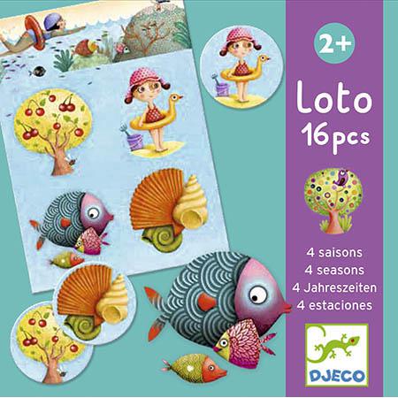 Imagem detalhada do Djeco Jogo Loto e Memorização 4 Estações, mostrando peças com ilustrações vibrantes e temáticas das estações do ano.
