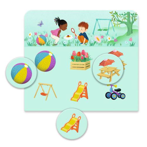 Djeco Jogo de Loto e Memória A Casa, mostrando tabuleiro do jardim com brinquedos e flores