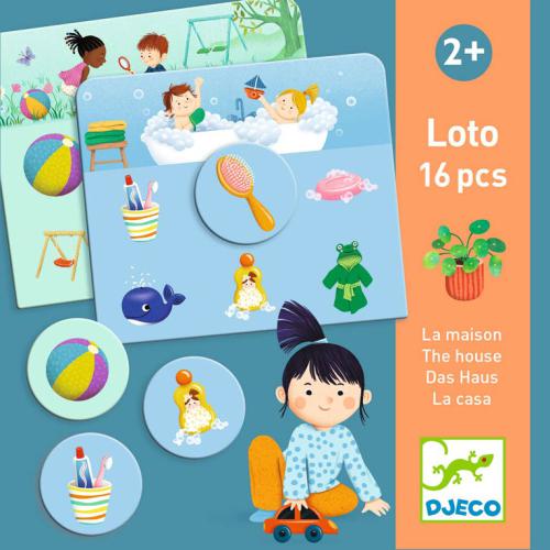 Djeco Jogo de Loto e Memória A Casa, mostrando tabuleiro do quarto/casa de banho e peças