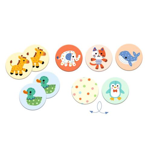 Conjunto de peças redondas do jogo de memória Djeco com vários animais fofinhos.
