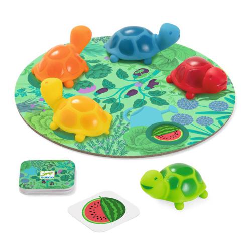 Tartarugas coloridas e o tabuleiro de jogo do Djeco Jogo de Memória - Jardim.