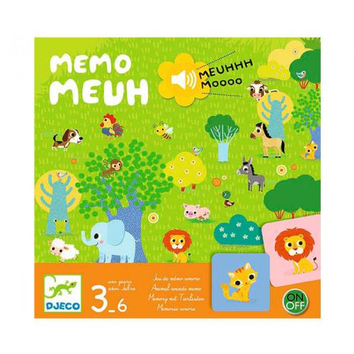 Caixa do jogo Djeco Jogo de Memória Sonora Memo Meuh com ilustrações de animais e crianças a brincar.