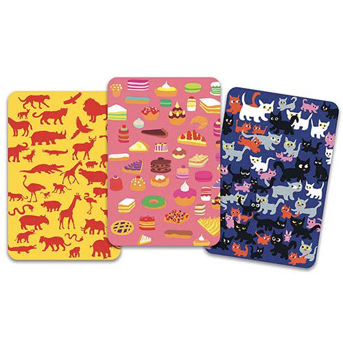 Três cartas do jogo Djeco Mysterix mostrando padrões de animais, sobremesas e gatos.