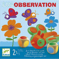 Caixa do Djeco Jogo de Observação e Rapidez, mostrando borboletas, flores e dados de madeira coloridos.
