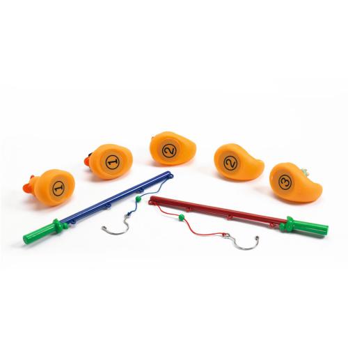 Visão geral dos componentes do jogo: cinco patos amarelos (alguns com números visíveis) e as duas canas de pesca (azul e vermelha) dispostos sobre fundo branco.