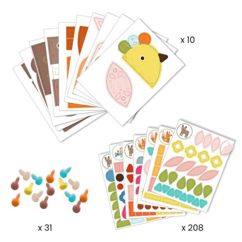 Conteúdo do kit: pilhas de cartões de base, folhas de autocolantes (x 208), tachas (x 31) e instruções para montar os animais.