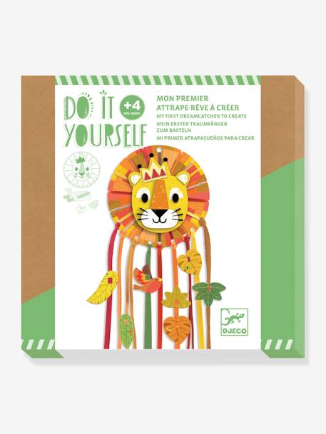 Kit Djeco "Pequeno Leão" para construir um apanhador de sonhos DIY, mostrando o suporte de cartão do leão e os materiais incluídos.