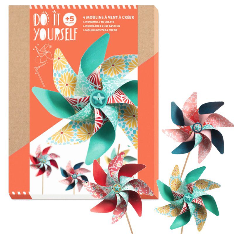 Embalagem do kit DIY Djeco para construir 4 moinhos de vento com padrões coloridos, mostrando os produtos acabados ao lado.