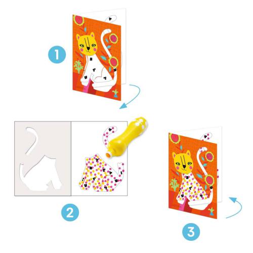 Coleção de 4 cartões de atividades do kit Djeco: crocodilo, pavão, elefante e gato, prontos a serem pintados com pontos.