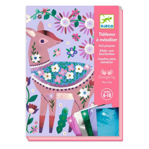 Kit de atividades Djeco "Lindo Bosque" com veado, flores e folhas metálicas. Ideal para crianças dos 6 aos 10 anos.