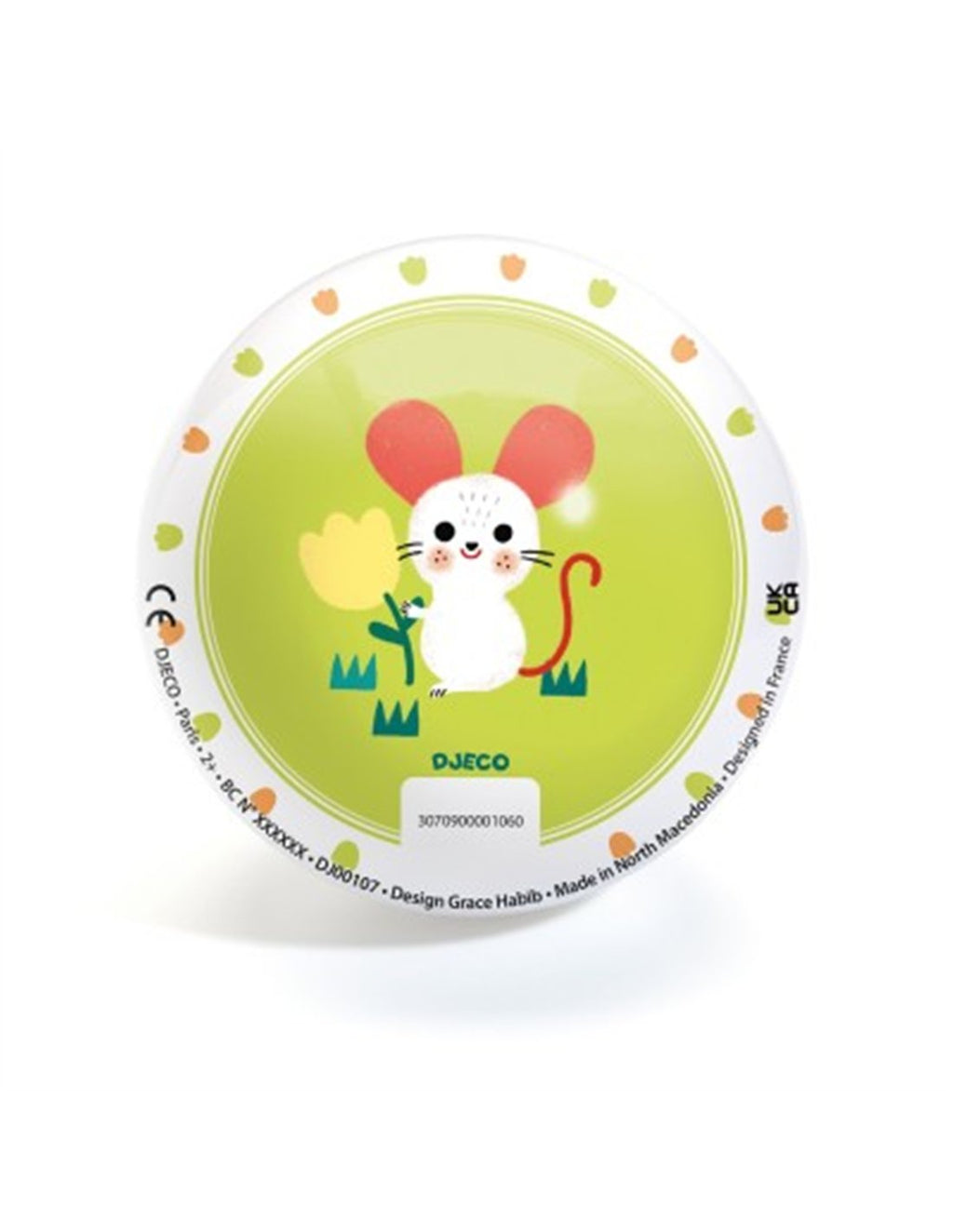 Parte inferior da bola inflável Djeco com ilustração de um rato branco segurando uma flor amarela sobre fundo verde-lima, com certificações CE e informações de fabrico.
