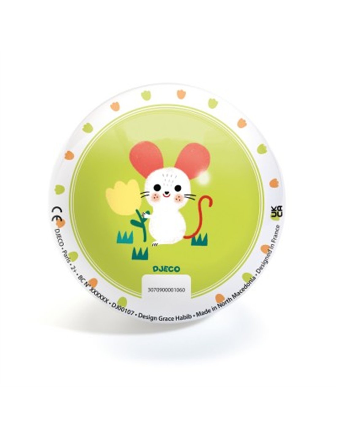 Parte inferior da bola inflável Djeco com ilustração de um rato branco segurando uma flor amarela sobre fundo verde-lima, com certificações CE e informações de fabrico.