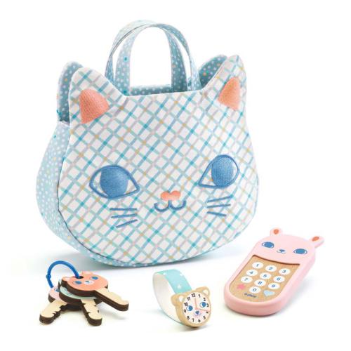 Conjunto completo Djeco Mala do Bebé: mala gato, telemóvel coelho, molho de chaves e relógio. Brinquedo faz de conta.
