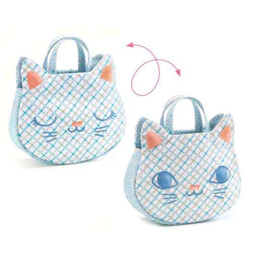 Mala de tecido Djeco em forma de gato para a Mala do Bebé, mostrando expressões com olhos fechados e abertos.
