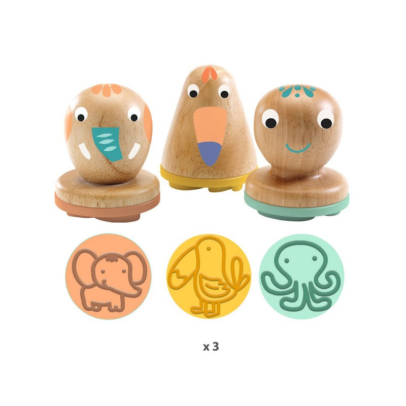 Conjunto completo de 3 carimbos Djeco em madeira e as suas bases de impressão (elefante, ave, polvo), com o selo "x 3".