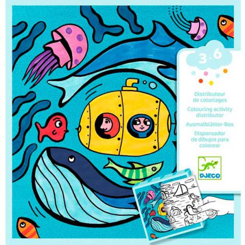 Dispensador de atividades de colorir Oceano Djeco, mostrando uma caixa com ilustrações vibrantes de criaturas marinhas e um submarino amarelo. Ideal para crianças de 3 a 6 anos.