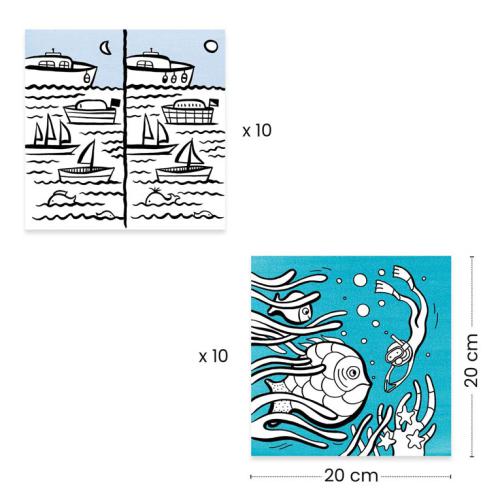 Detalhe das dimensões e exemplos de desenhos incluídos no Dispensador de Atividades de Colorir Oceano Djeco, com ilustrações de barcos e criaturas marinhas.