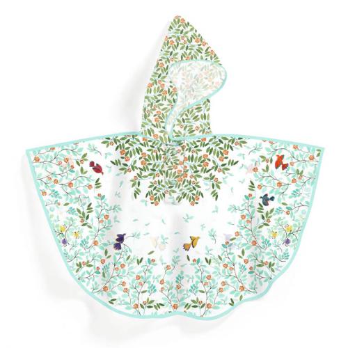 Capa de chuva infantil Djeco com capuz, padrão de folhagem verde e pequenos pássaros coloridos sobre fundo branco. Ideal 5-7 anos.