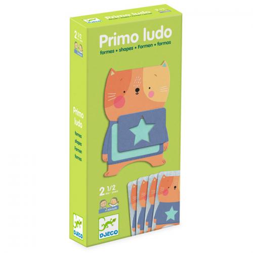 Embalagem do jogo Djeco Primo Ludo - Aprende as Formas, destacando a ilustração de um gato com uma camisola em forma de estrela.