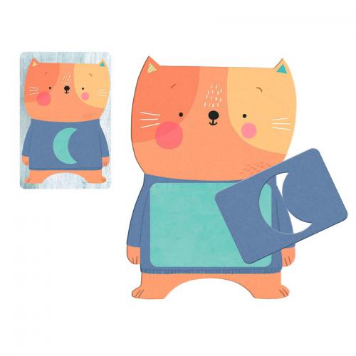 Ilustração do jogo Djeco Primo Ludo - Aprende as Formas, demonstrando como as camisolas com formas se encaixam nos cartões de gatos.