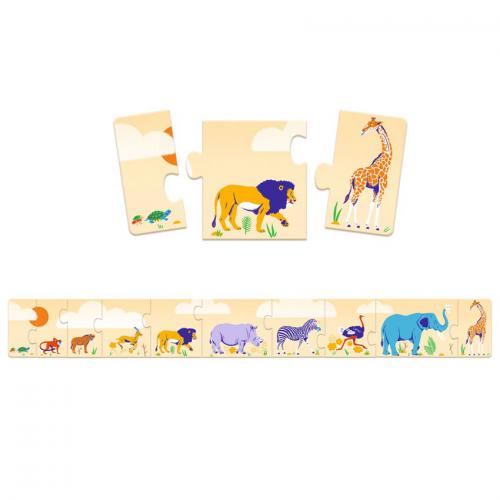 Peças do Djeco Puzzle Animais Pequenos e Grandes, algumas montadas e outras separadas, mostrando a sequência de animais.