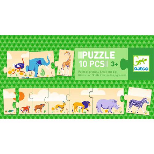 Djeco Puzzle Animais Pequenos e Grandes montado, mostrando os 10 animais da savana em ordem de tamanho.