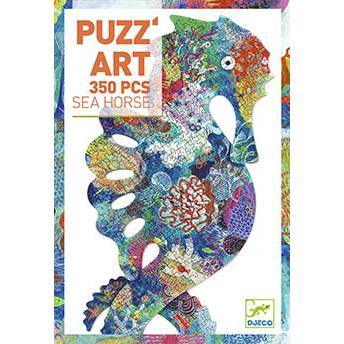 Embalagem do Puzzle Art Djeco de 350 peças em formato de Cavalo Marinho, com arte colorida de vida marinha.