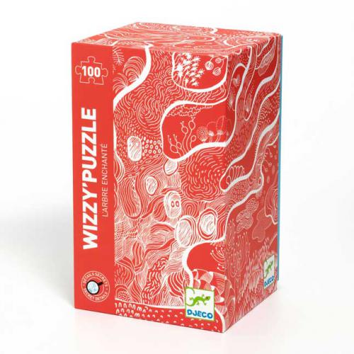 Caixa do Djeco Puzzle Árvore Encantada 100 peças com design em vermelho e branco.