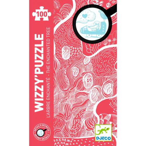 Detalhe da caixa do puzzle Djeco Árvore Encantada mostrando a lupa e a indicação de 100 peças.