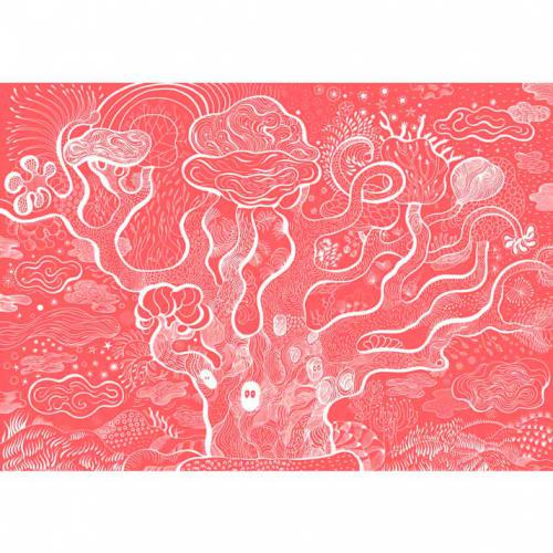 Ilustração base do puzzle Djeco Árvore Encantada em tons de vermelho, antes da utilização da lupa mágica.