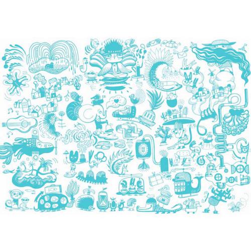 Ilustração completa do puzzle Djeco Árvore Encantada em tons de azul, mostrando os elementos mágicos revelados pela lupa.