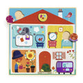 Djeco Puzzle combinar peças tema casa. Puzzle de madeira educativo com ilustrações de animais e objetos domésticos.