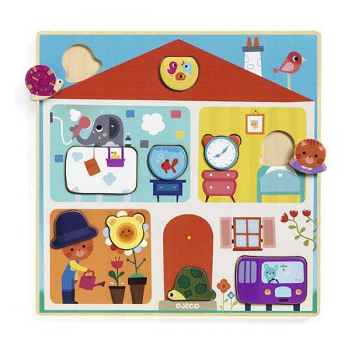 Djeco Puzzle combinar peças tema casa. Puzzle de madeira educativo com ilustrações de animais e objetos domésticos.