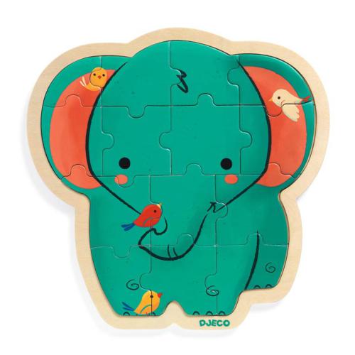 Djeco Puzzle de Madeira Elefante 14 peças. Puzzle infantil com design de elefante azul e pássaros coloridos, uma peça solta.