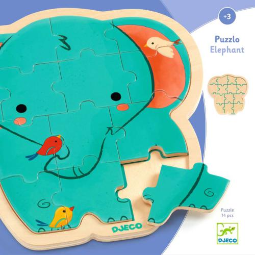 Djeco Puzzle de Madeira Elefante 14 peças. Puzzle infantil com design de elefante azul e pássaros coloridos, uma peça solta.