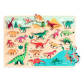 Puzzle de madeira Djeco com 22 peças coloridas representando diversos dinossauros, ideal para crianças a partir dos 2 anos.