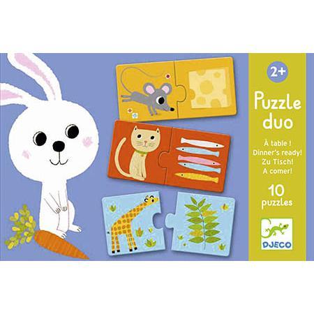 Puzzle Duo A Comer da Djeco com peças de cartão ilustradas para associação de animais e alimentos.
