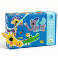 Caixa do puzzle Djeco Puzzle Duo Animais Ariculáveis, mostrando uma girafa, um elefante e um crocodilo.