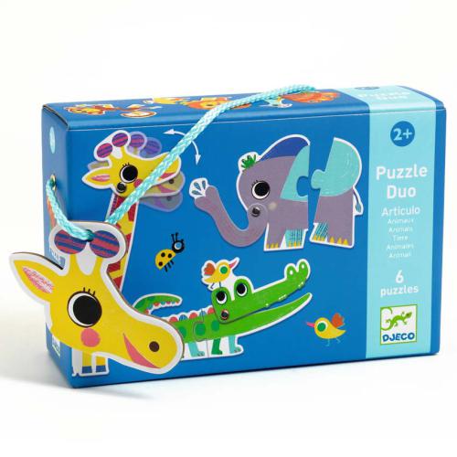 Caixa do puzzle Djeco Puzzle Duo Animais Ariculáveis, mostrando uma girafa, um elefante e um crocodilo.