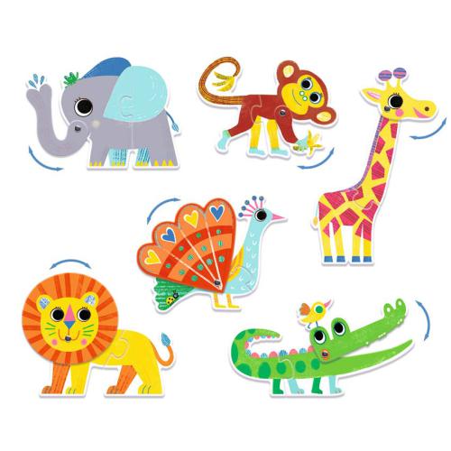 Conjunto de animais do puzzle Djeco Puzzle Duo Animais Ariculáveis: elefante, macaco, girafa, pavão, leão e crocodilo.