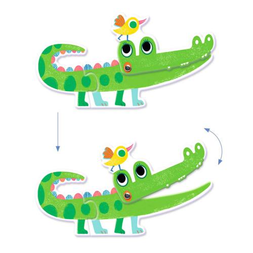 Detalhe do crocodilo do puzzle Djeco Puzzle Duo Animais Ariculáveis, mostrando a boca a abrir e fechar.