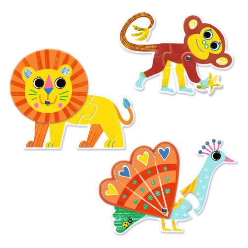 Detalhe do leão, macaco e pavão do puzzle Djeco Puzzle Duo Animais Ariculáveis.